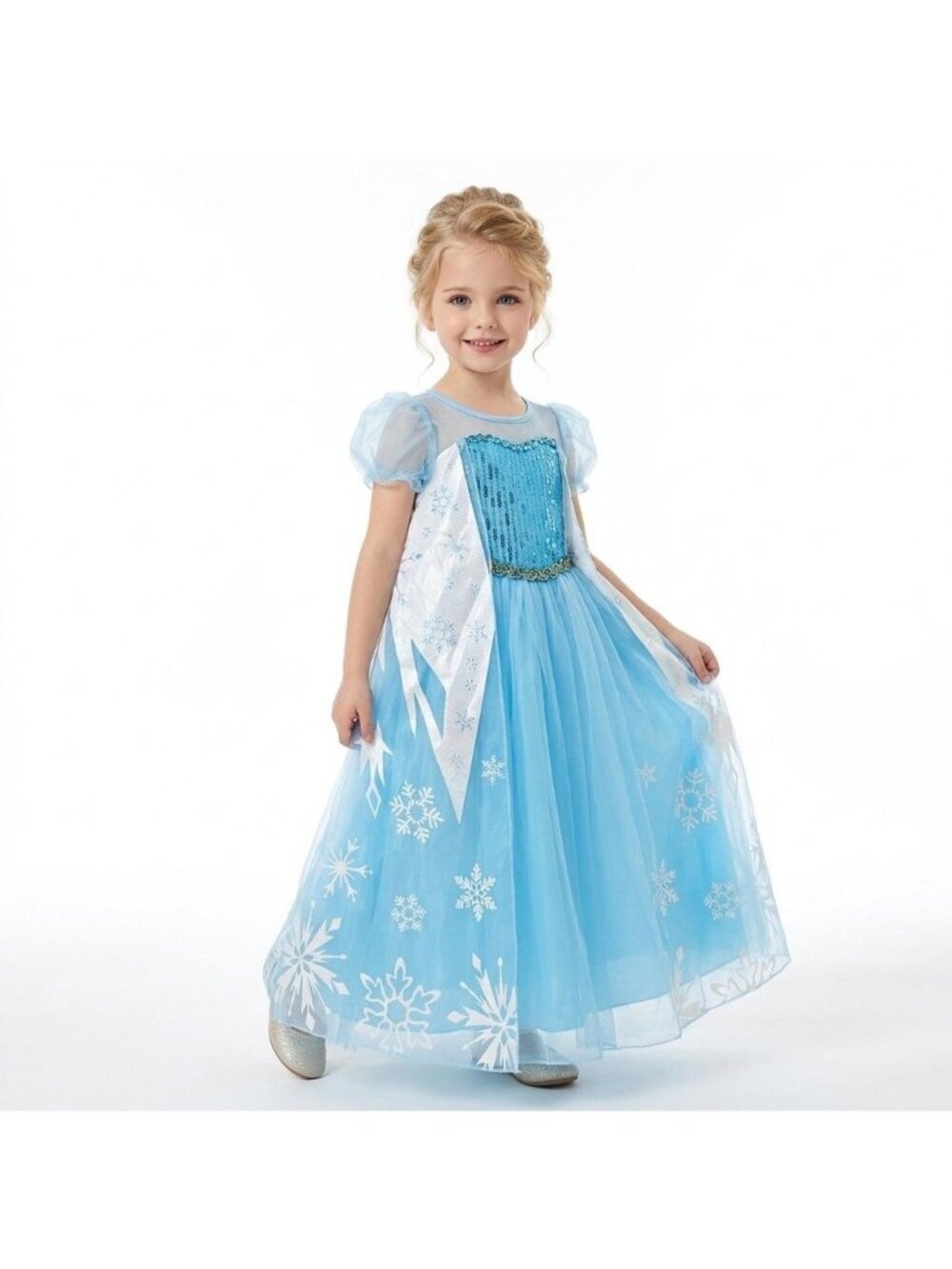 Girls Elsa Frozen Princess Costume Dress Ice Blue Sequin Tulle Snowflake Birthda